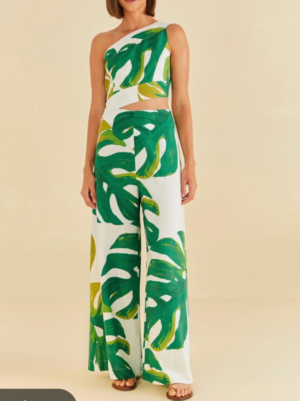 FARM RIO White and Green Monstera Wide-Leg Pants